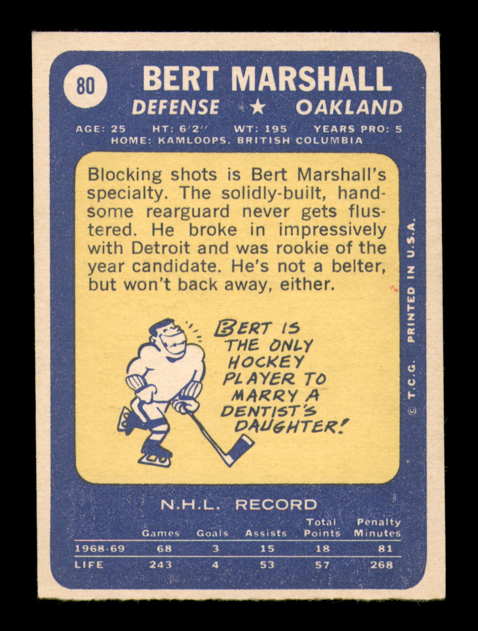 Bert Marshall Autographed 1969-70 Topps Card #80 California Golden Seals SKU #251203