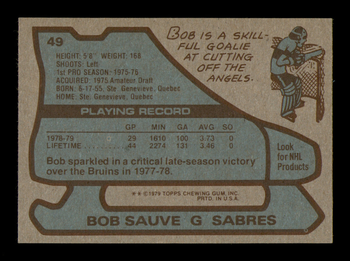 Bob Sauve Autographed 1979-80 Topps Card #49 Buffalo Sabres SKU #251276