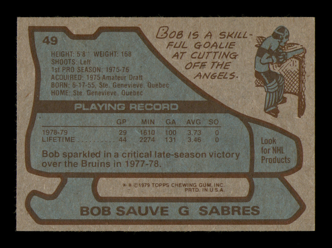 Bob Sauve Autographed 1979-80 Topps Card #49 Buffalo Sabres SKU #251277