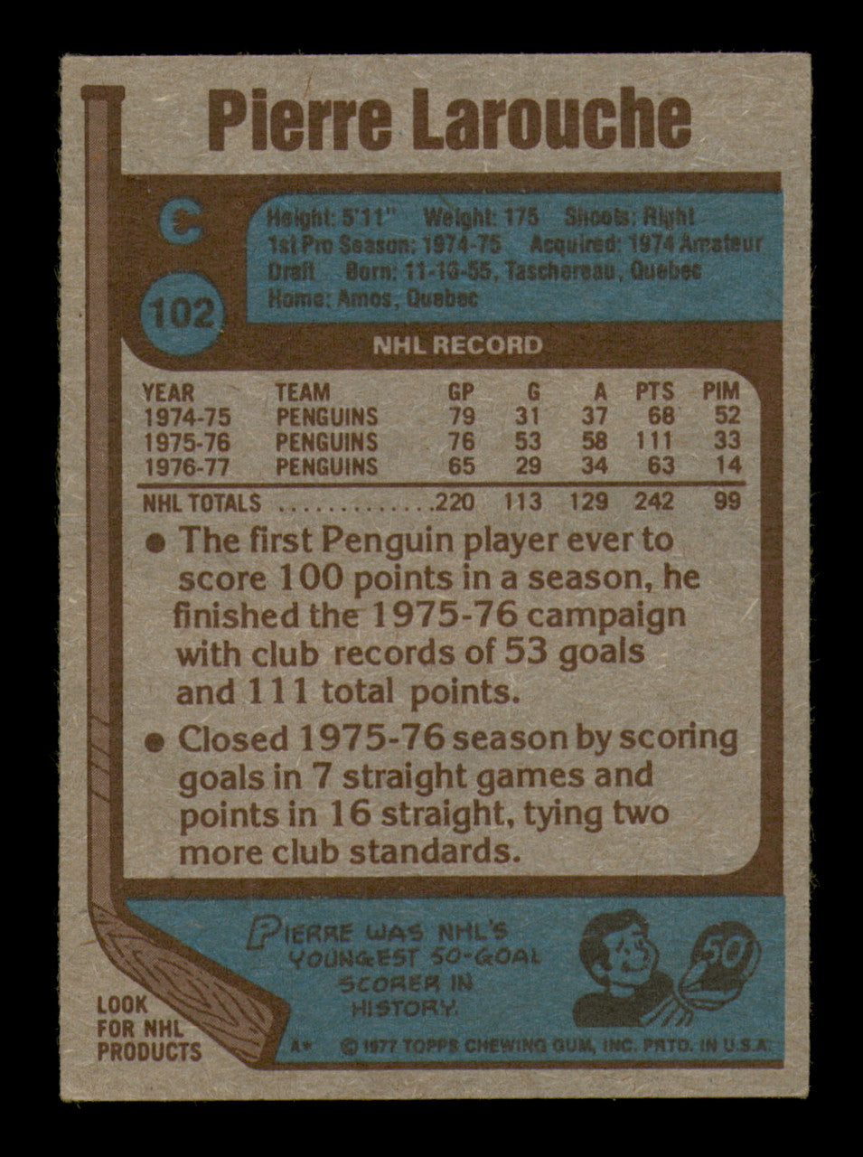 Pierre Larouche Autographed 1977-78 Topps Card #102 Pittsburgh Penguins SKU #251363