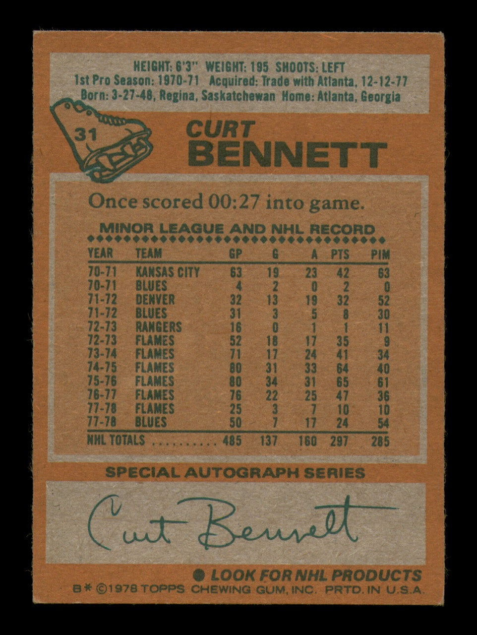 Curt Bennett Autographed 1978-79 Topps Card #31 St. Louis Blues SKU #251375