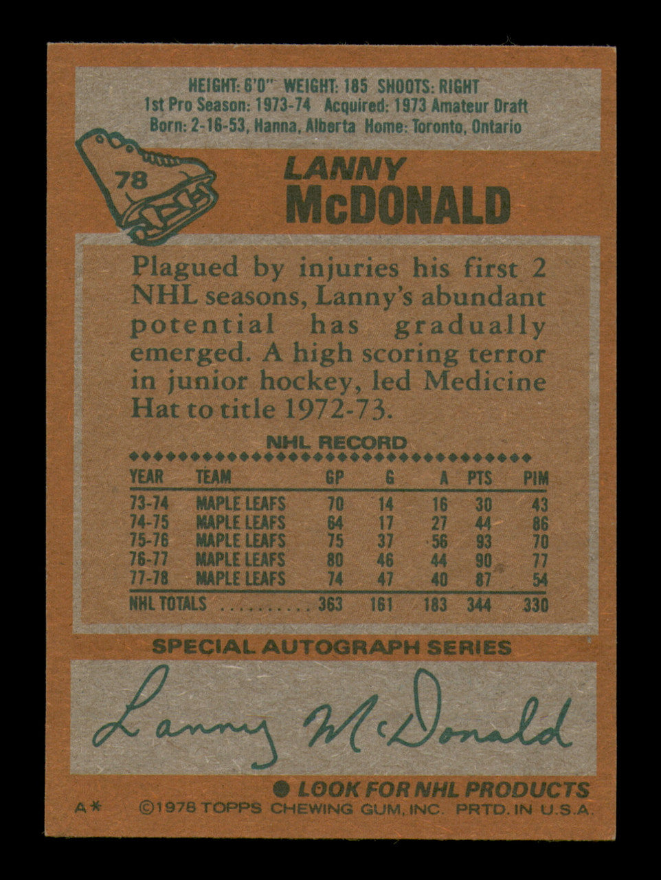 Lanny McDonald Autographed 1978-79 Topps Card #78 Toronto Maple Leafs SKU #251378