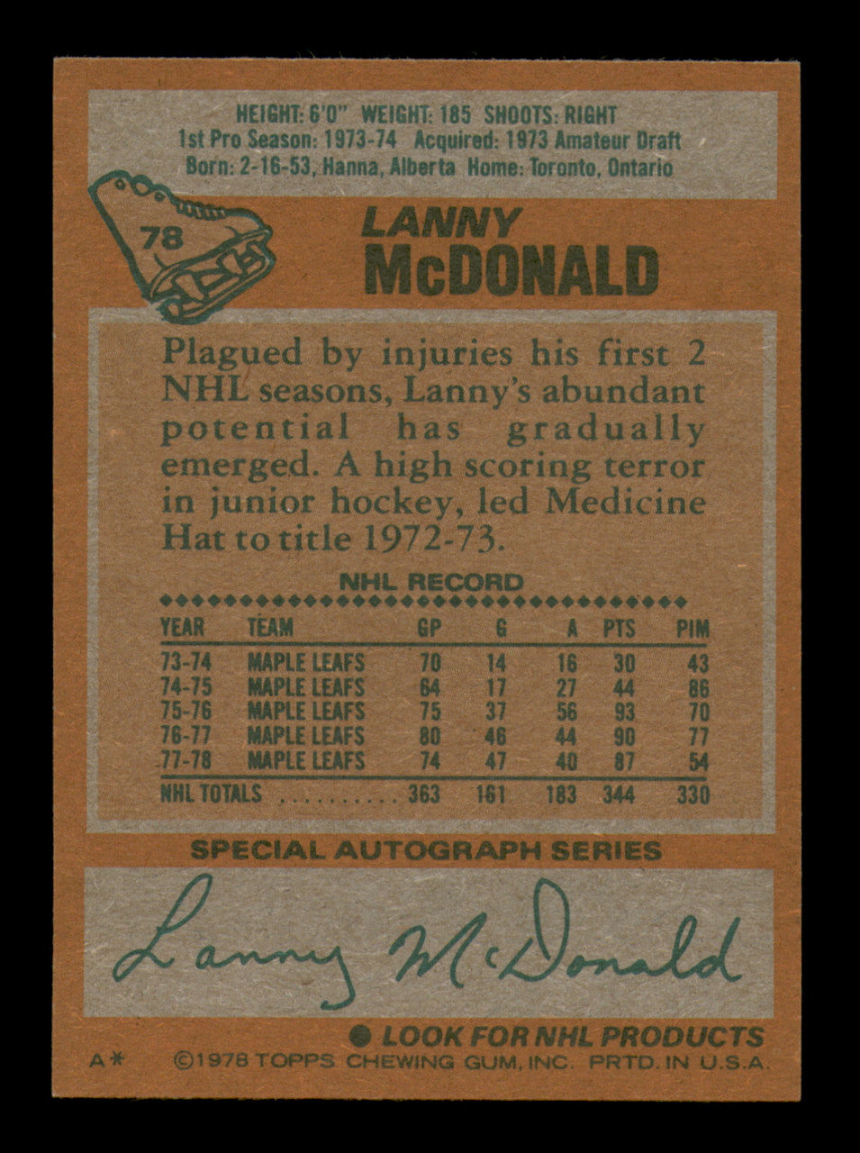 Lanny McDonald Autographed 1978-79 Topps Card #78 Toronto Maple Leafs SKU #251379