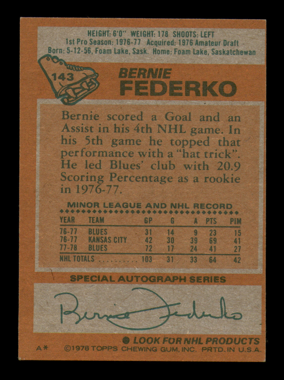 Bernie Federko Autographed 1978-79 Topps Card #143 St. Louis Blues SKU #251391