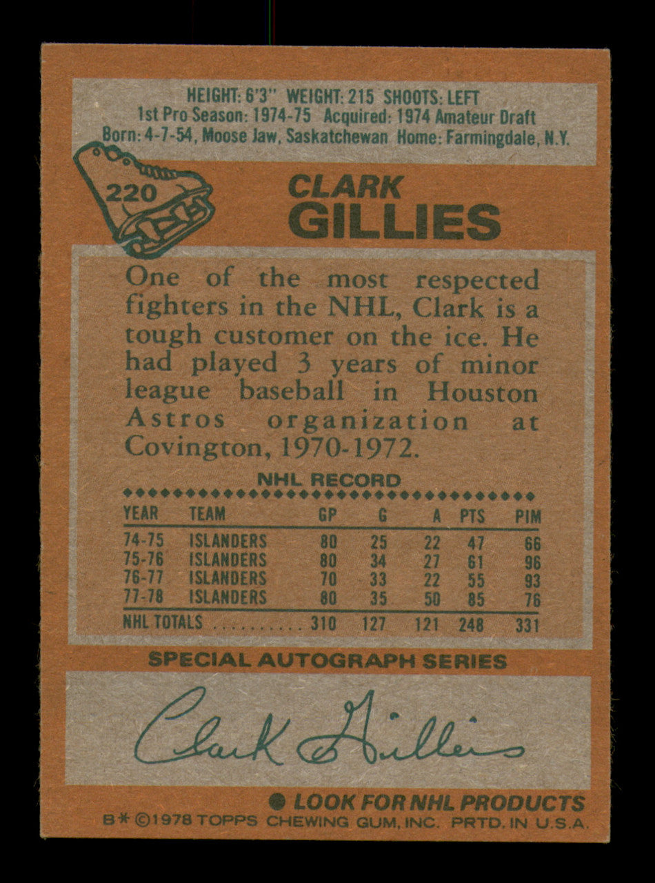 Clark Gillies Autographed 1978-79 Topps Card #220 New York Islanders SKU #251398