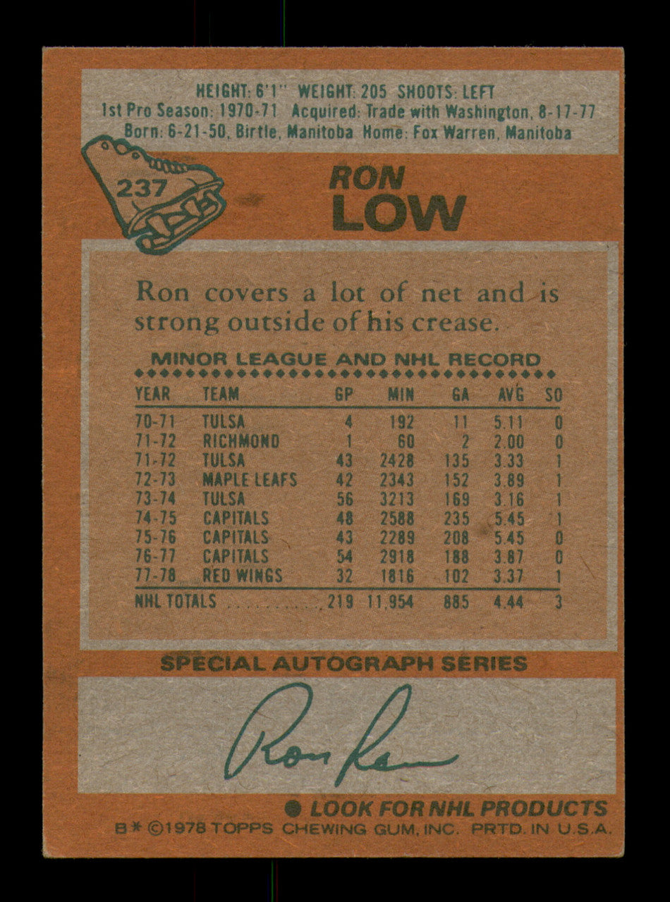 Ron Low Autographed 1978-79 Topps Card #237 Detroit Red Wings SKU #251399
