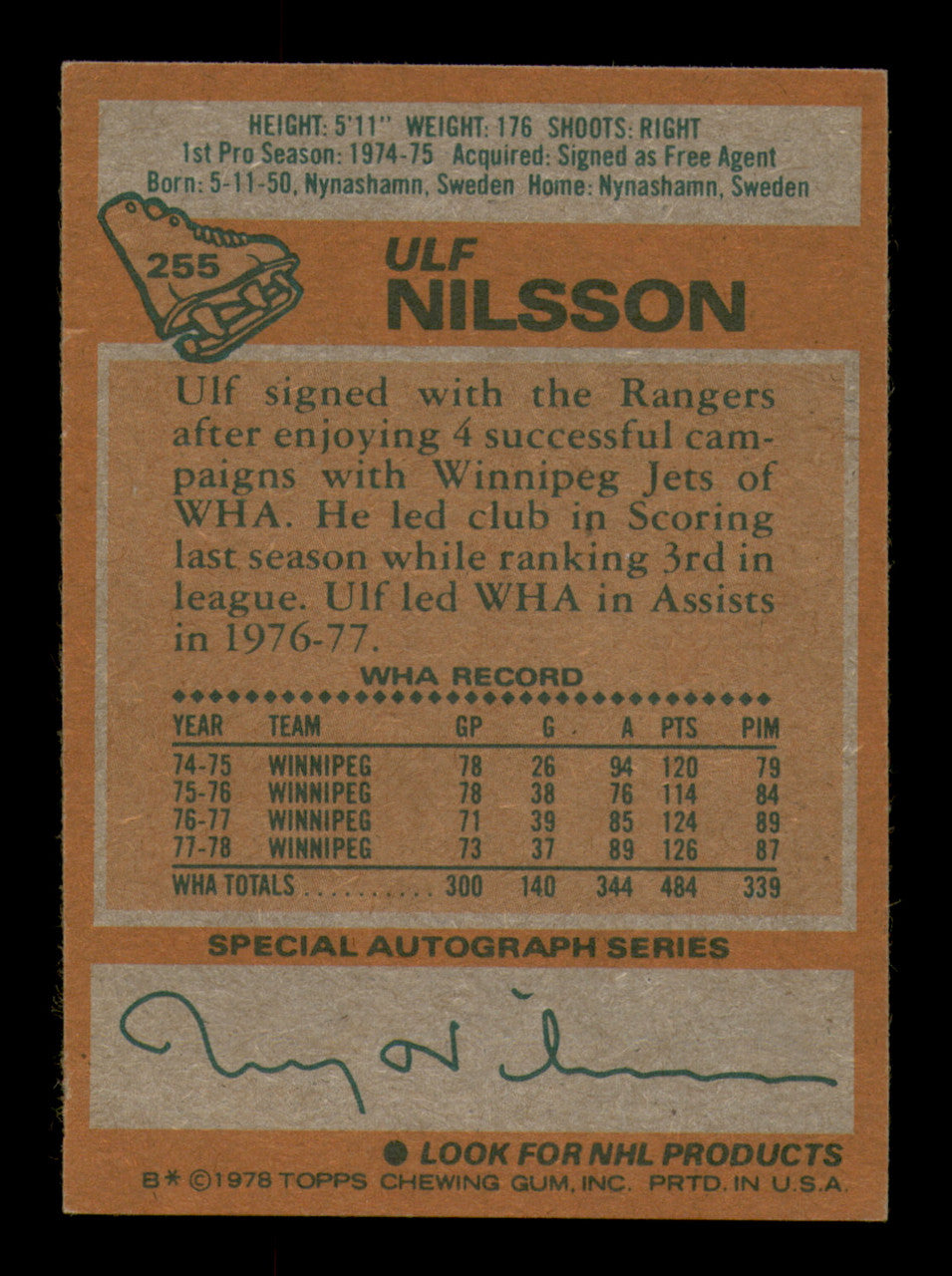 Ulf Nilsson Autographed 1978-79 Topps Card #255 New York Rangers SKU #251403