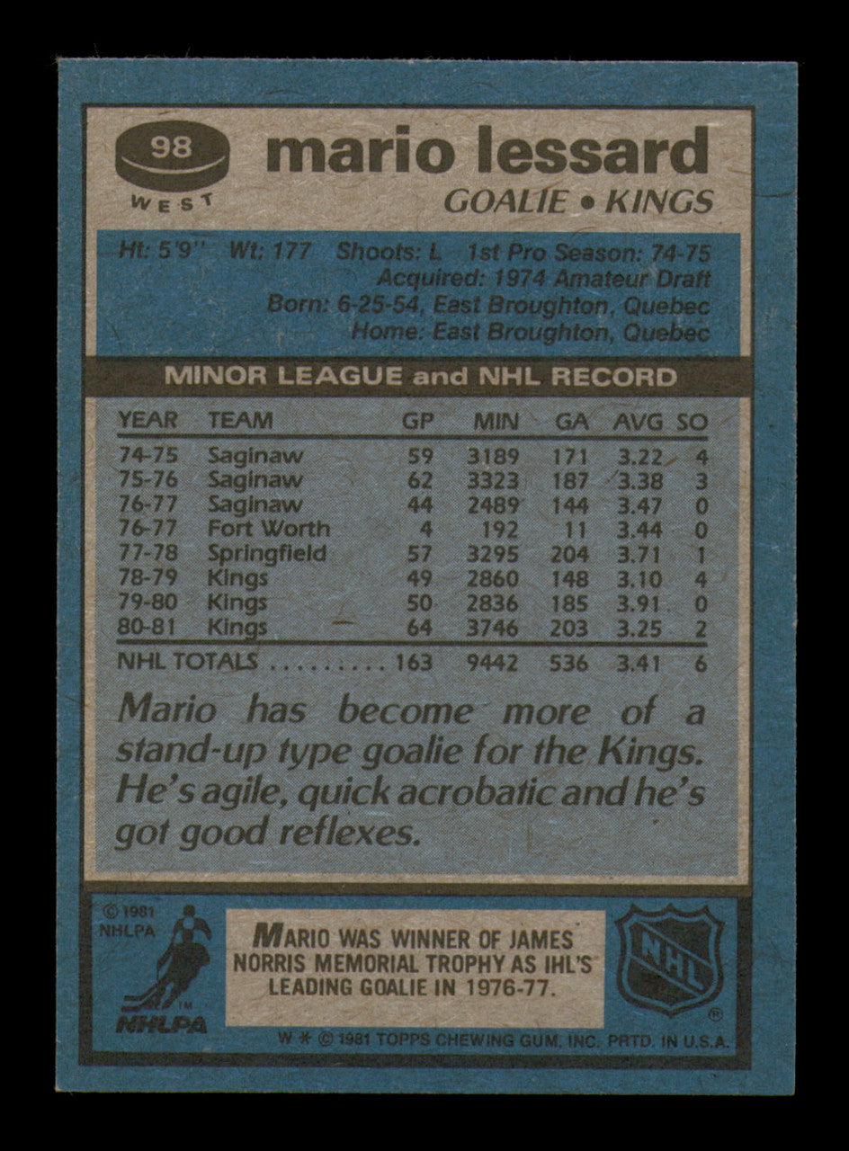 Mario Lessard Autographed 1981-82 Topps Card #98 Los Angeles Kings SKU #251419