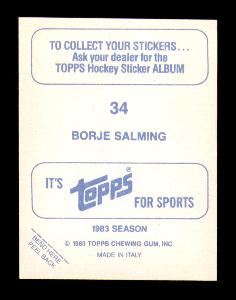 Borje Salming Autographed 1983-84 Topps Stickers Card #34 Toronto Maple Leafs SKU #251478