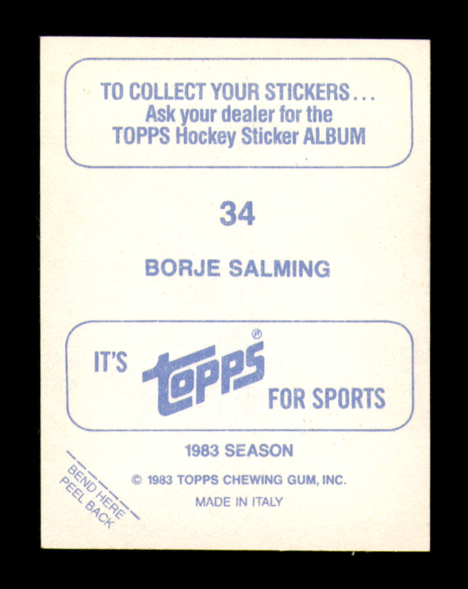 Borje Salming Autographed 1983-84 Topps Stickers Card #34 Toronto Maple Leafs SKU #251479