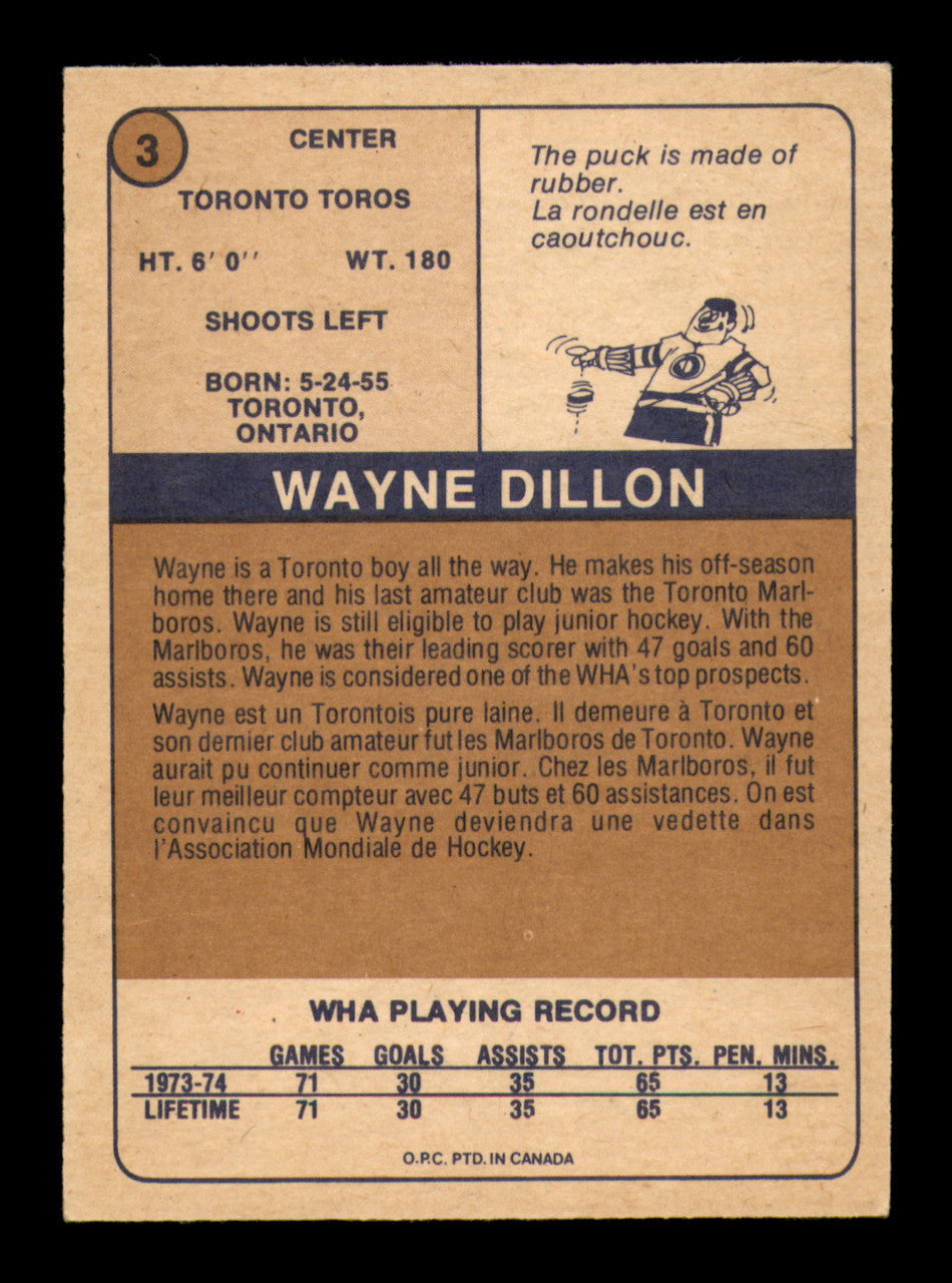 Wayne Dillon Autographed 1974-75 O-Pee-Chee WHA Card #3 Toronto Toros SKU #251619