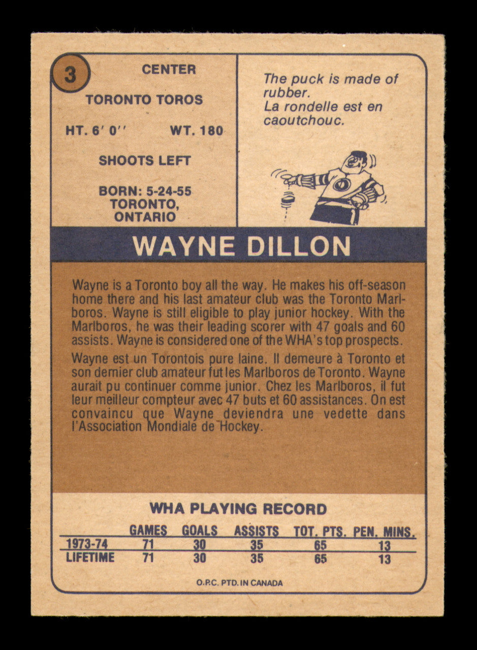 Wayne Dillon Autographed 1974-75 O-Pee-Chee WHA Card #3 Toronto Toros SKU #251620