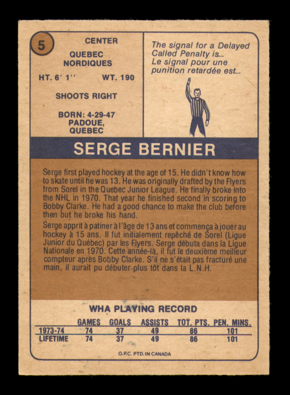 Serge Bernier Autographed 1974-75 O-Pee-Chee WHA Card #5 Quebec Nordiques SKU #251621