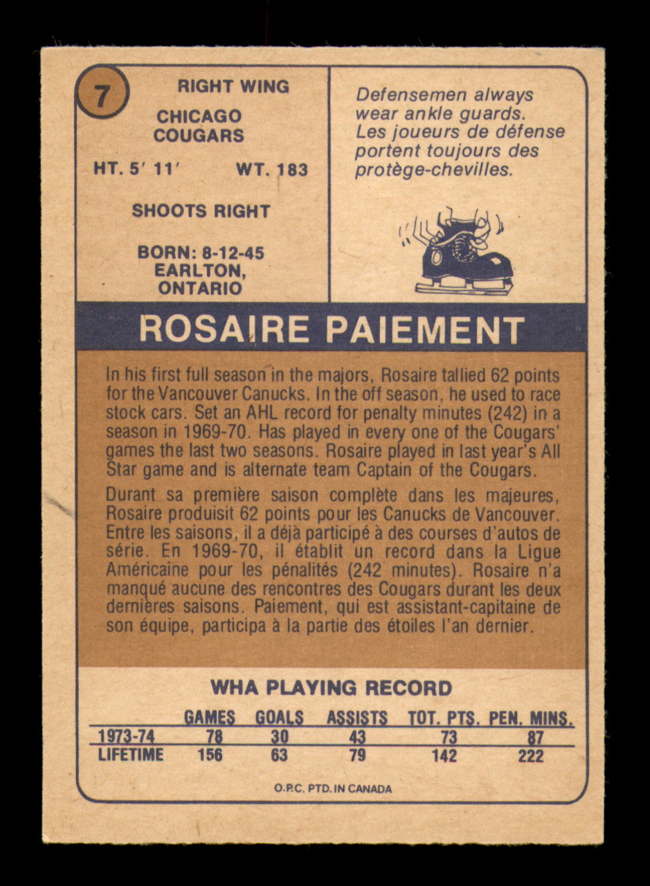 Rosaire Paiement Autographed 1974-75 O-Pee-Chee WHA Card #7 Chicago Cougars SKU #251623