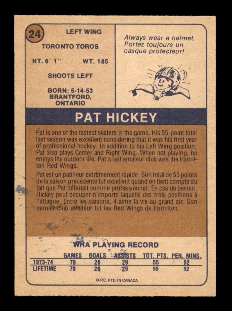 Pat Hickey Autographed 1974-75 O-Pee-Chee WHA Card #24 Toronto Toros (Smudged) SKU #251626