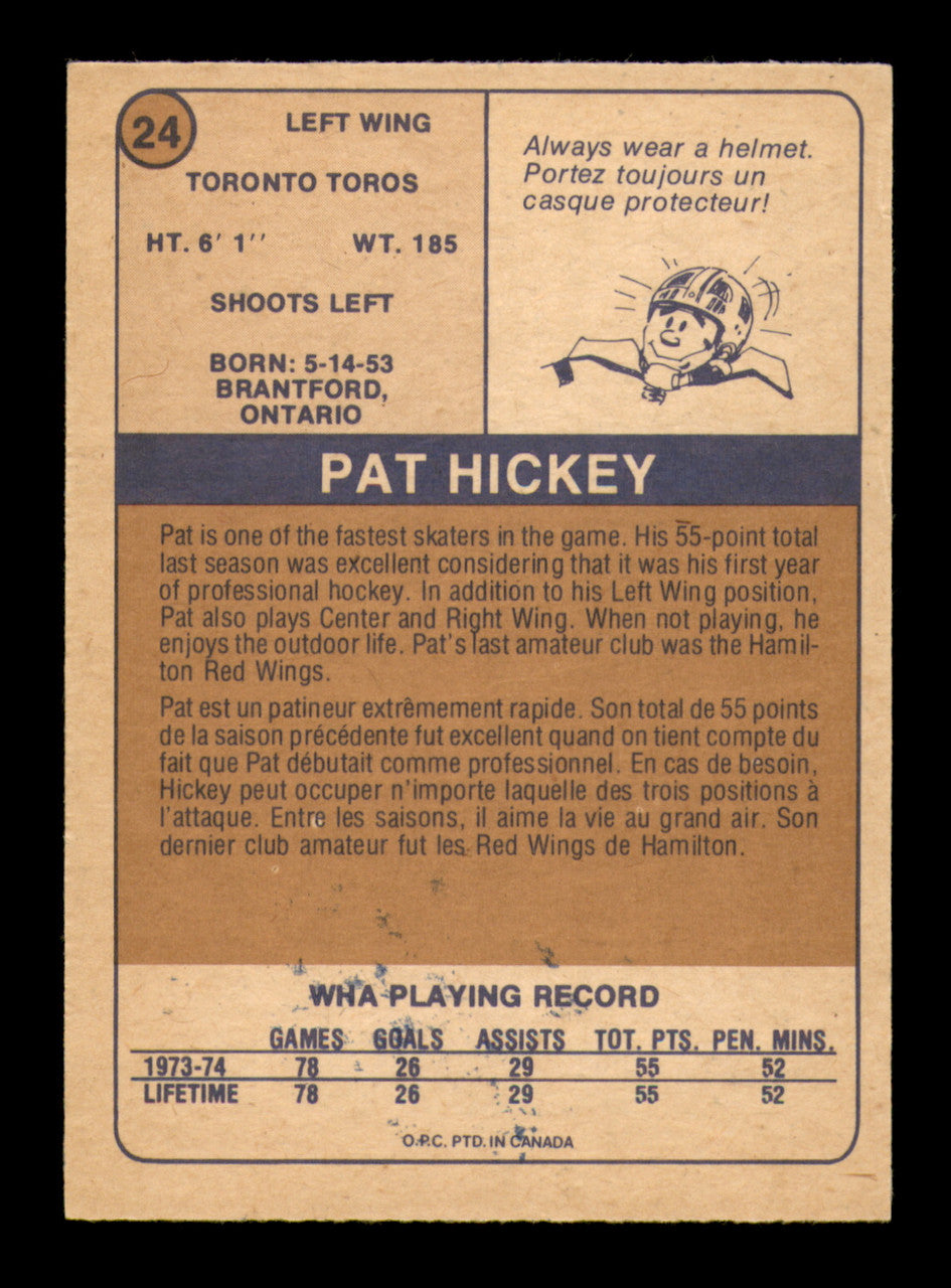 Pat Hickey Autographed 1974-75 O-Pee-Chee WHA Card #24 Toronto Toros (Smudged) SKU #251627
