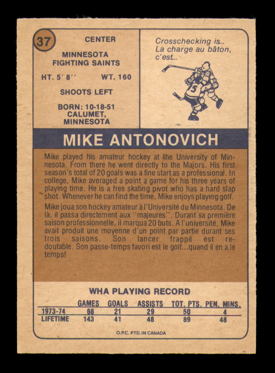 Mike Antonovich Autographed 1974-75 O-Pee-Chee WHA Card #37 Minnesota Fighting Saints SKU #251630