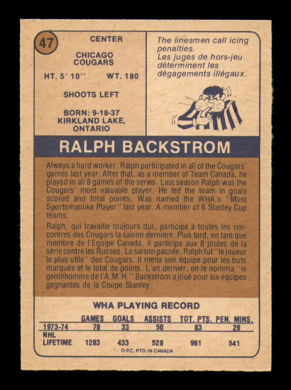 Ralph Backstrom Autographed 1974-75 O-Pee-Chee WHA Card #47 Chicago Cougars SKU #251638