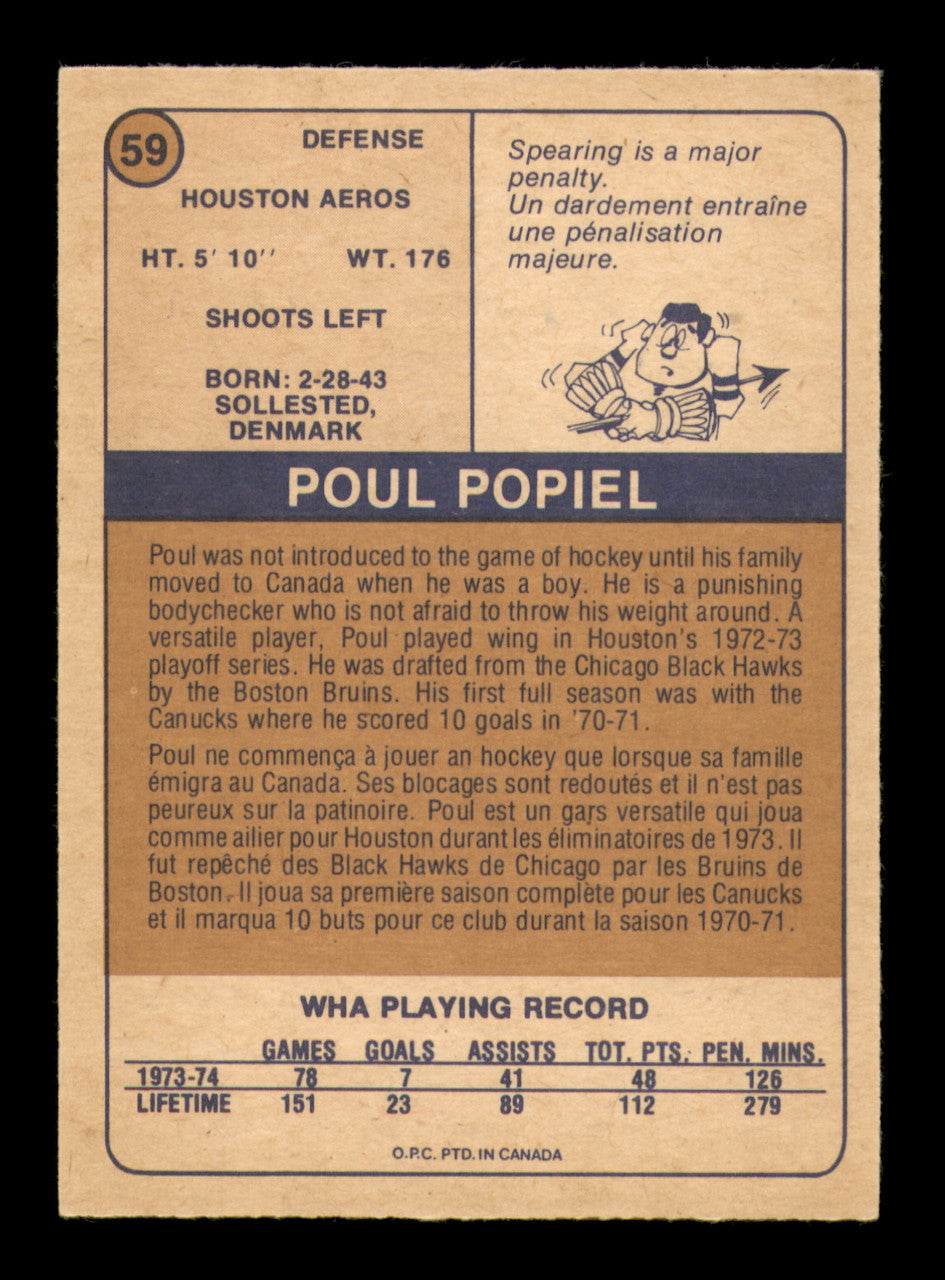 Poul Popiel Autographed 1974-75 O-Pee-Chee WHA Card #59 Houston Aeros SKU #251639