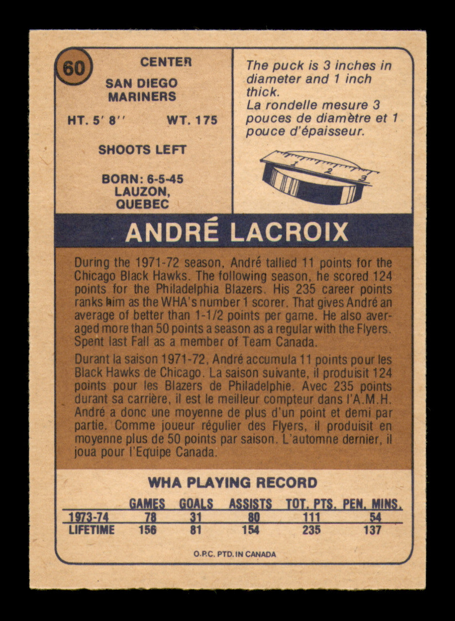 Andre Lacroix Autographed 1974-75 O-Pee-Chee WHA Card #60 San Diego Mariners SKU #251643