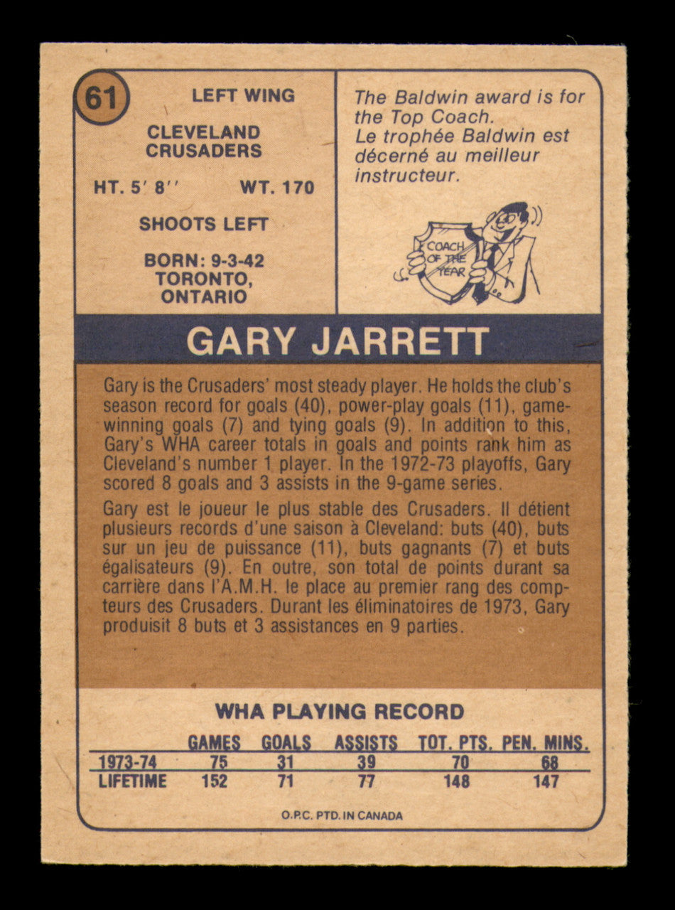 Gary Jarrett Autographed 1974-75 O-Pee-Chee WHA Card #61 Cleveland Crusaders SKU #251645