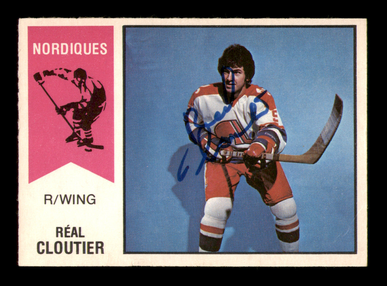 Real Cloutier Autographed 1974-75 O-Pee-Chee WHA Card #63 Quebec Nordiques SKU #251646
