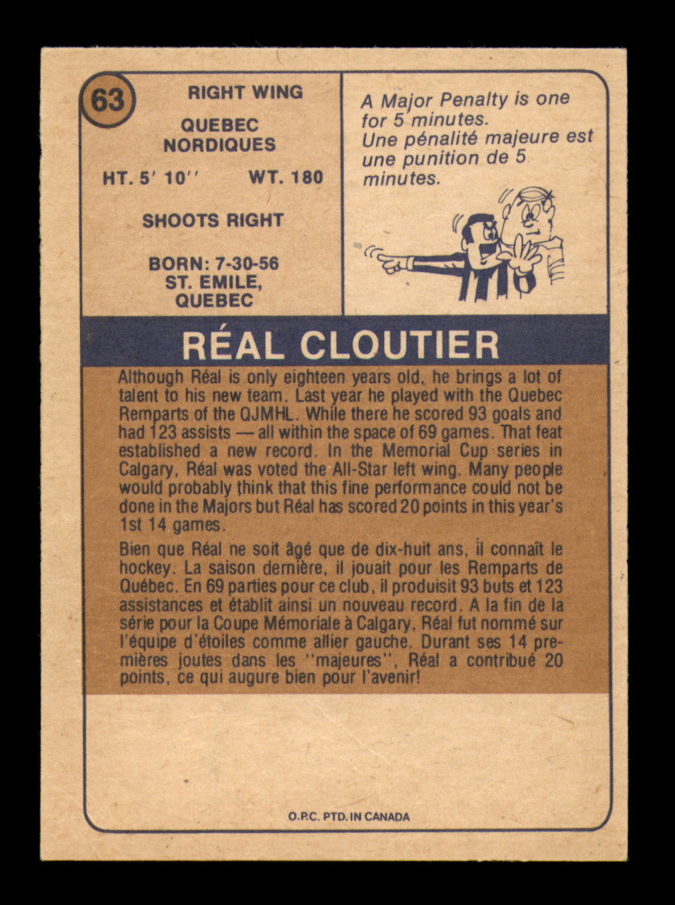 Real Cloutier Autographed 1974-75 O-Pee-Chee WHA Card #63 Quebec Nordiques SKU #251647