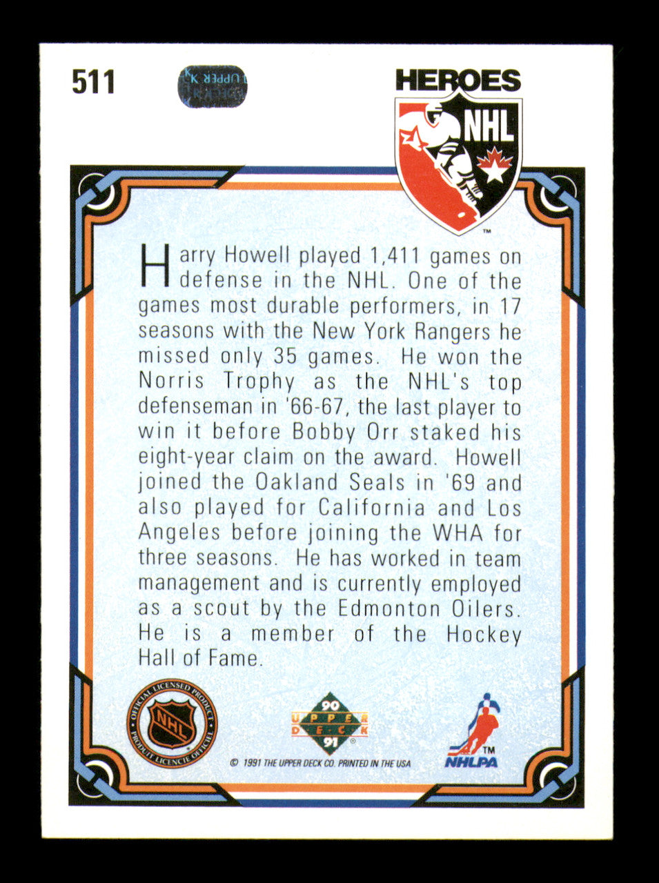 Harry Howell Autographed 1990-91 Upper Deck Card #511 New York Rangers SKU #251653