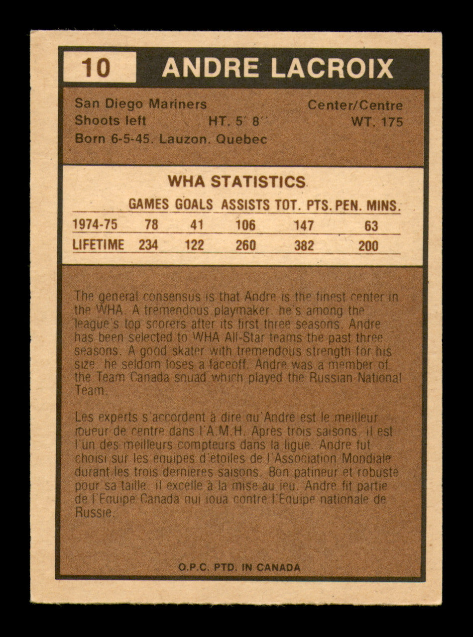 Andre Lacroix Autographed 1975-76 O-Pee-Chee WHA Card #10 San Diego Mariners SKU #251751