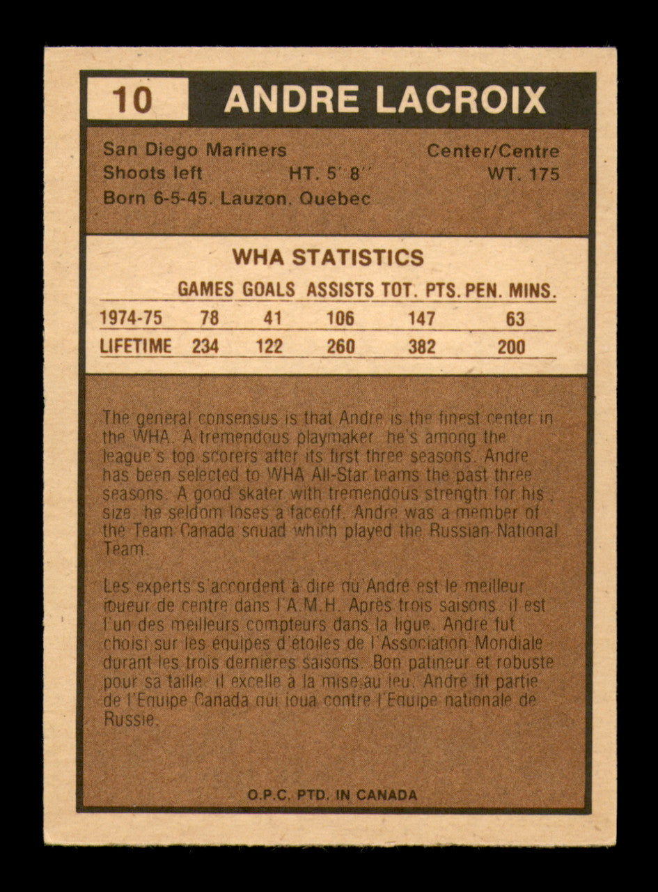 Andre Lacroix Autographed 1975-76 O-Pee-Chee WHA Card #10 San Diego Mariners SKU #251752