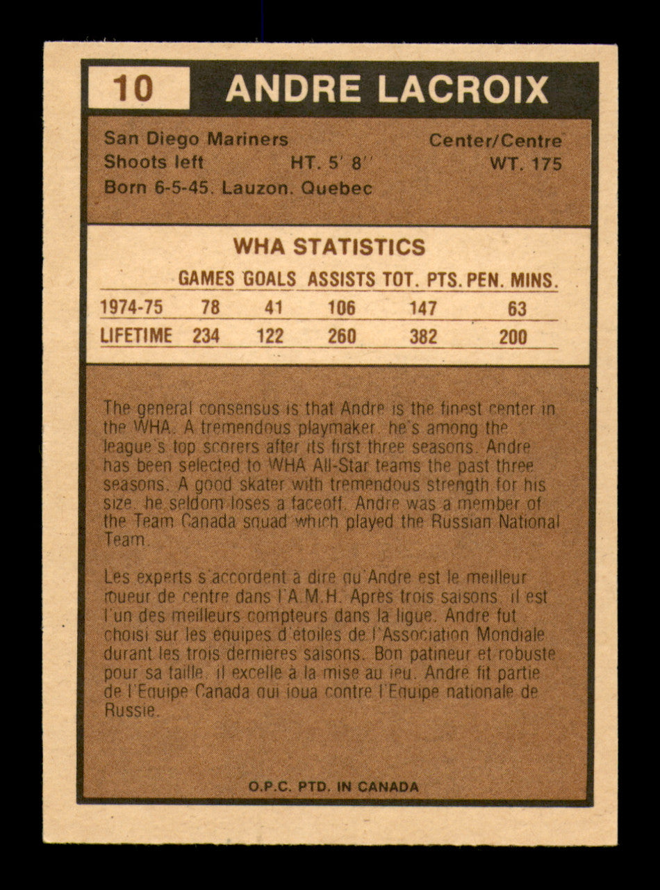 Andre Lacroix Autographed 1975-76 O-Pee-Chee WHA Card #10 San Diego Mariners SKU #251753