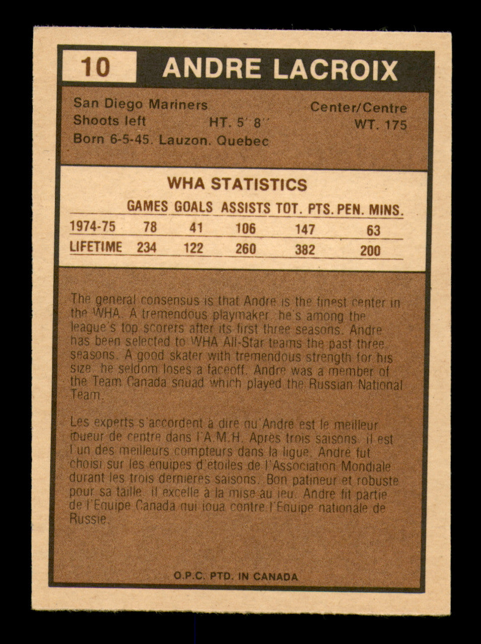 Andre Lacroix Autographed 1975-76 O-Pee-Chee WHA Card #10 San Diego Mariners SKU #251754