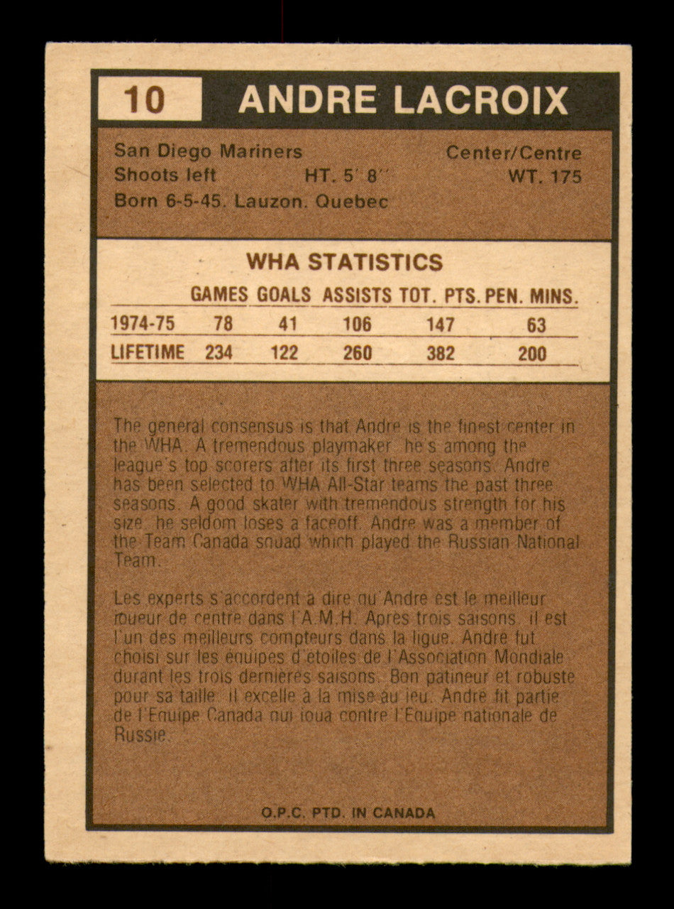 Andre Lacroix Autographed 1975-76 O-Pee-Chee WHA Card #10 San Diego Mariners SKU #251755