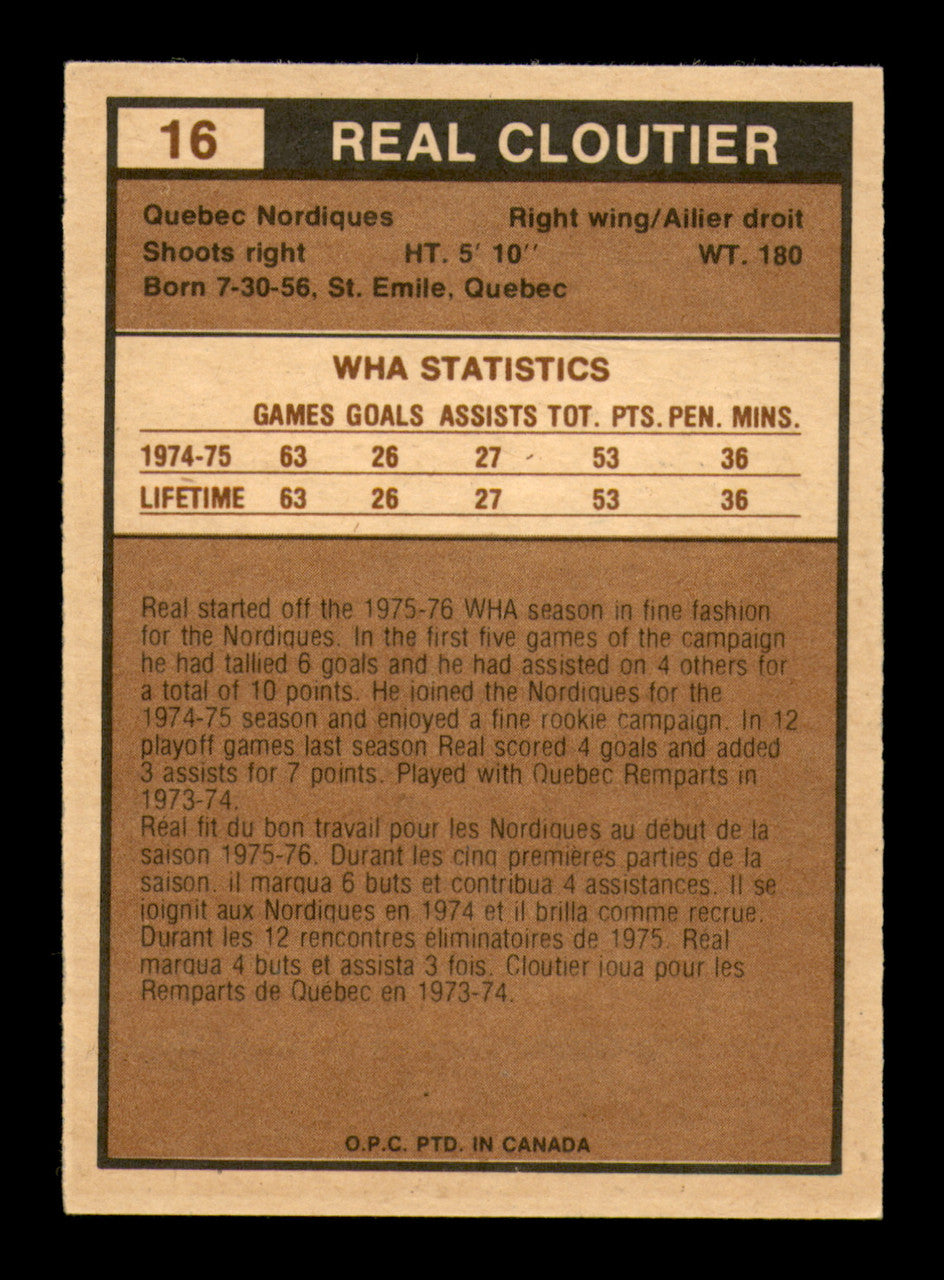 Real Cloutier Autographed 1975-76 O-Pee-Chee WHA Card #16 Quebec Nordiques SKU #251761