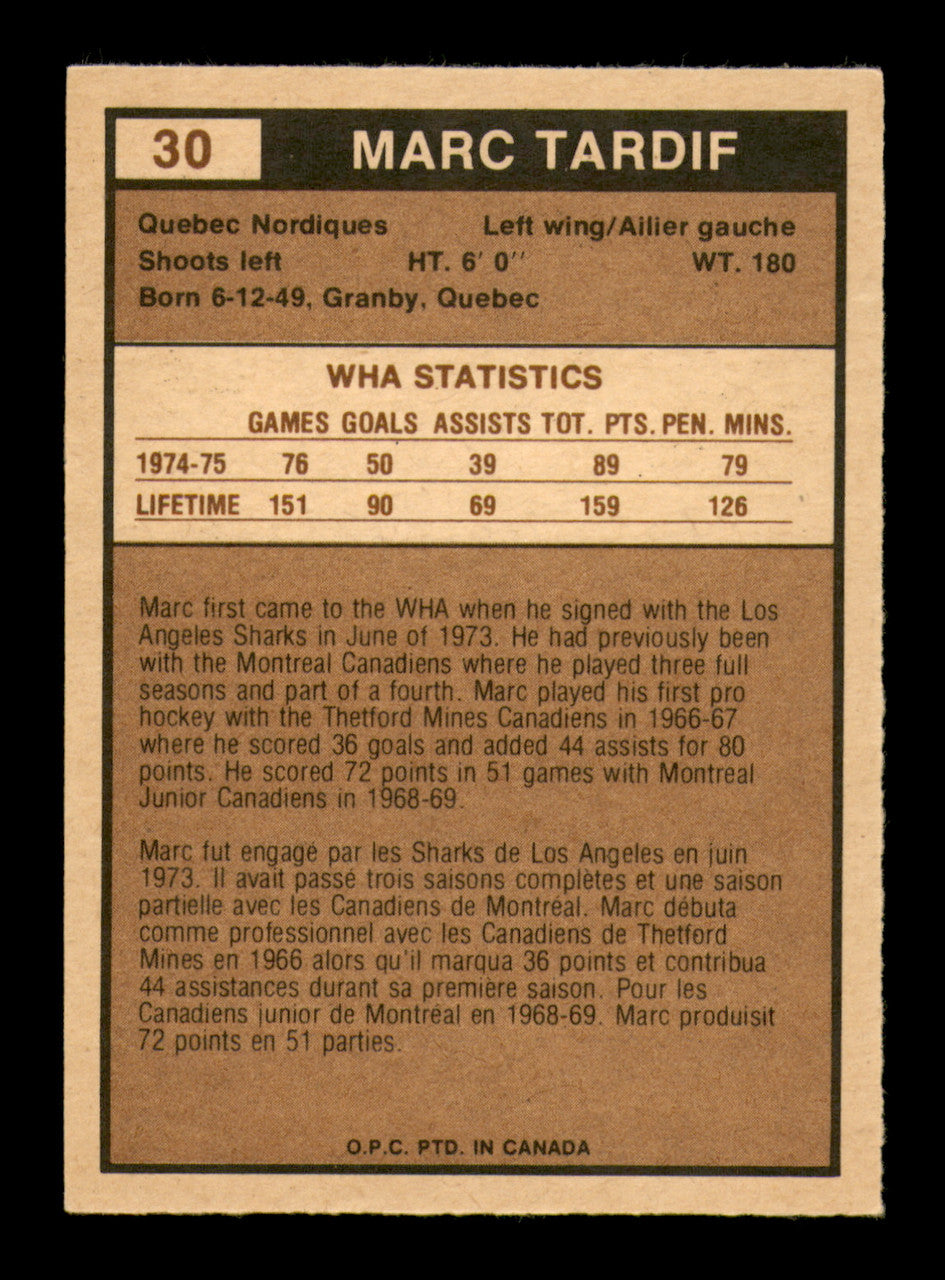 Marc Tardif Autographed 1975-76 O-Pee-Chee WHA Card #30 Quebec Nordiques SKU #251767