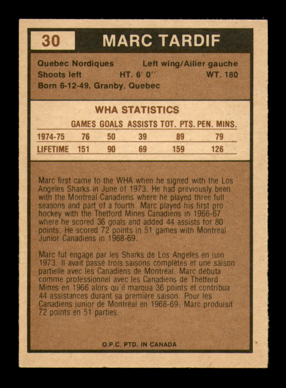 Marc Tardif Autographed 1975-76 O-Pee-Chee WHA Card #30 Quebec Nordiques SKU #251770