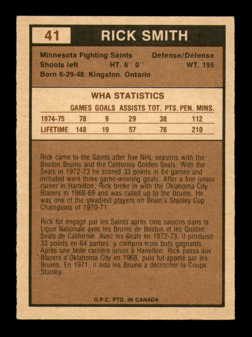 Rick Smith Autographed 1975-76 O-Pee-Chee WHA Card #41 Minnesota Fighting Saints SKU #251777