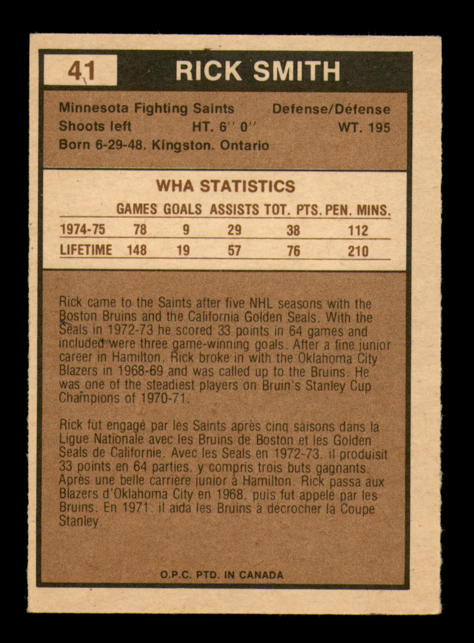 Rick Smith Autographed 1975-76 O-Pee-Chee WHA Card #41 Minnesota Fighting Saints SKU #251778