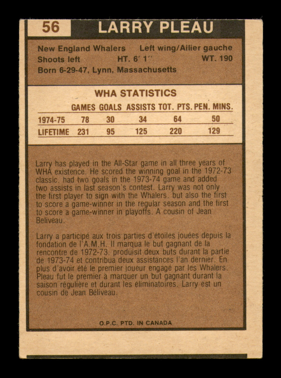 Larry Pleau Autographed 1975-76 O-Pee-Chee WHA Card #56 New England Whalers SKU #251782