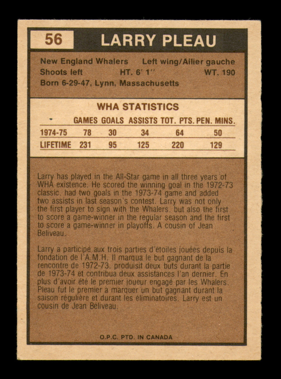 Larry Pleau Autographed 1975-76 O-Pee-Chee WHA Card #56 New England Whalers SKU #251786