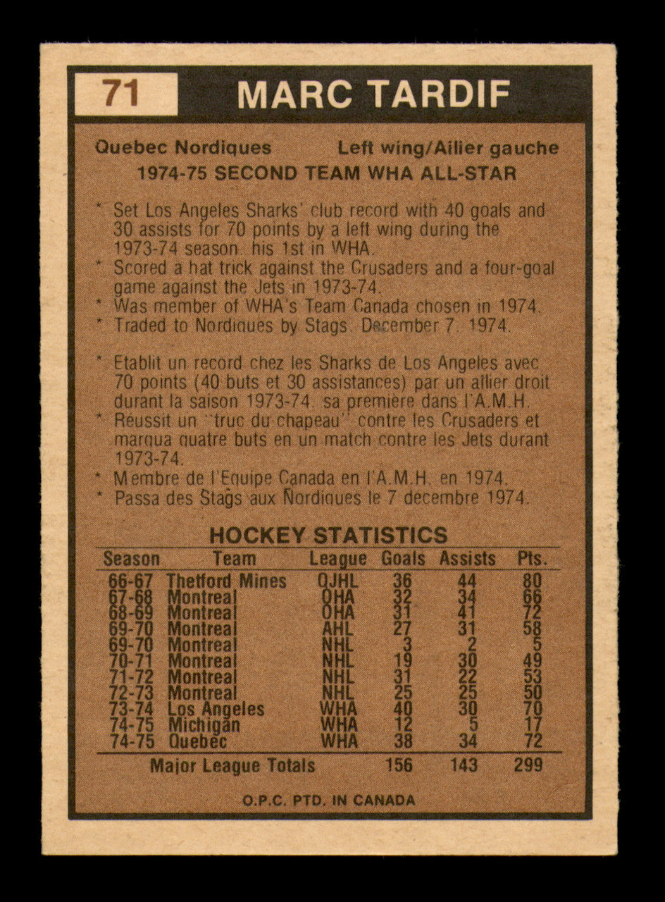 Marc Tardif Autographed 1975-76 O-Pee-Chee WHA Card #71 Quebec Nordiques SKU #251801