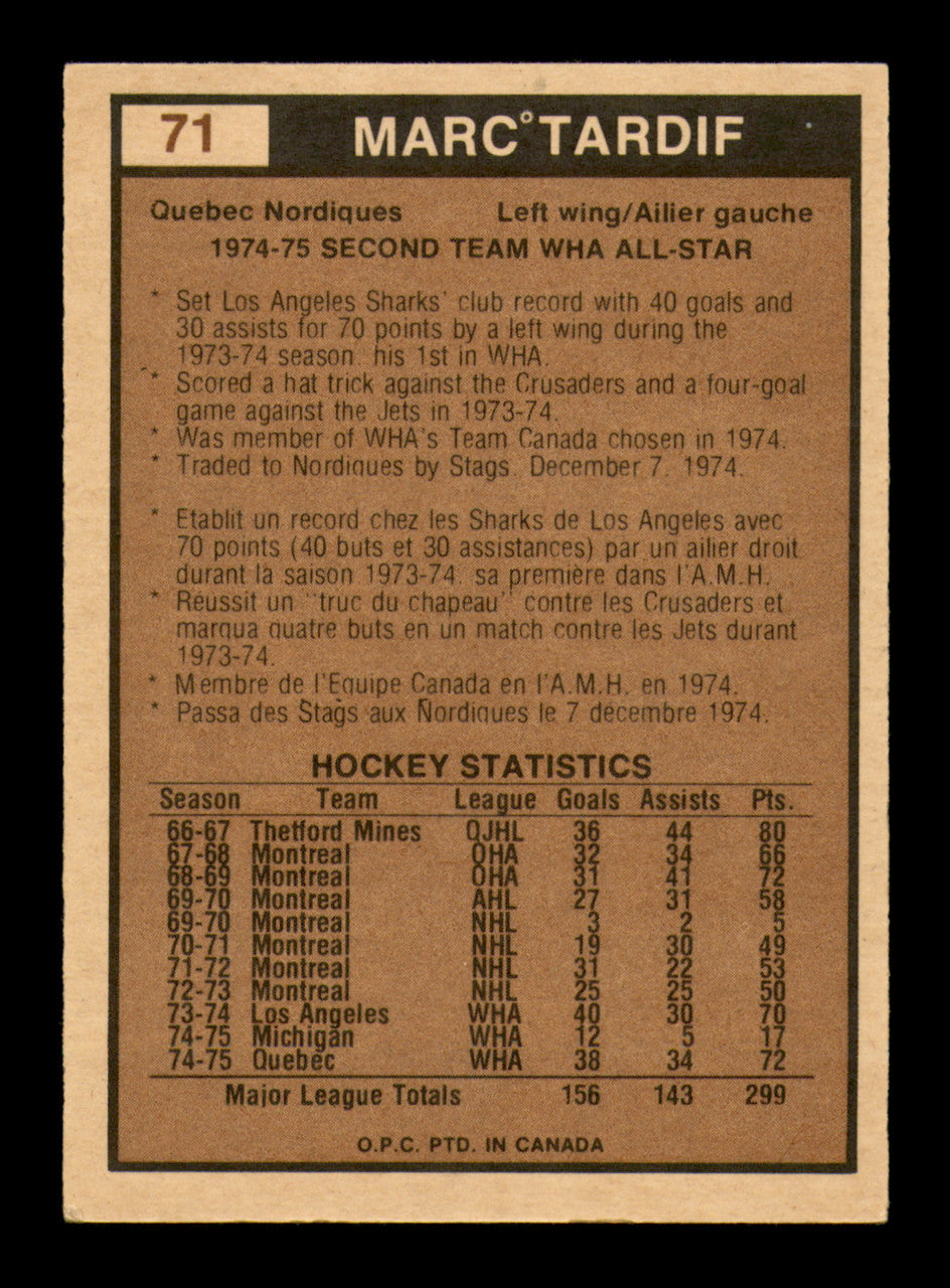 Marc Tardif Autographed 1975-76 O-Pee-Chee WHA Card #71 Quebec Nordiques SKU #251802