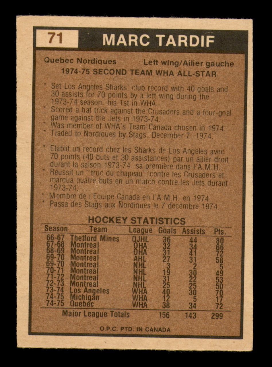 Marc Tardif Autographed 1975-76 O-Pee-Chee WHA Card #71 Quebec Nordiques SKU #251805