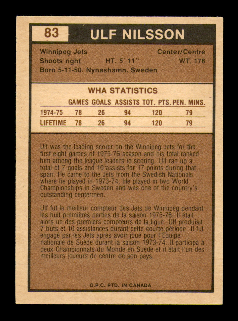 Ulf Nilsson Autographed 1975-76 O-Pee-Chee WHA Card #83 Winnipeg Jets SKU #251818