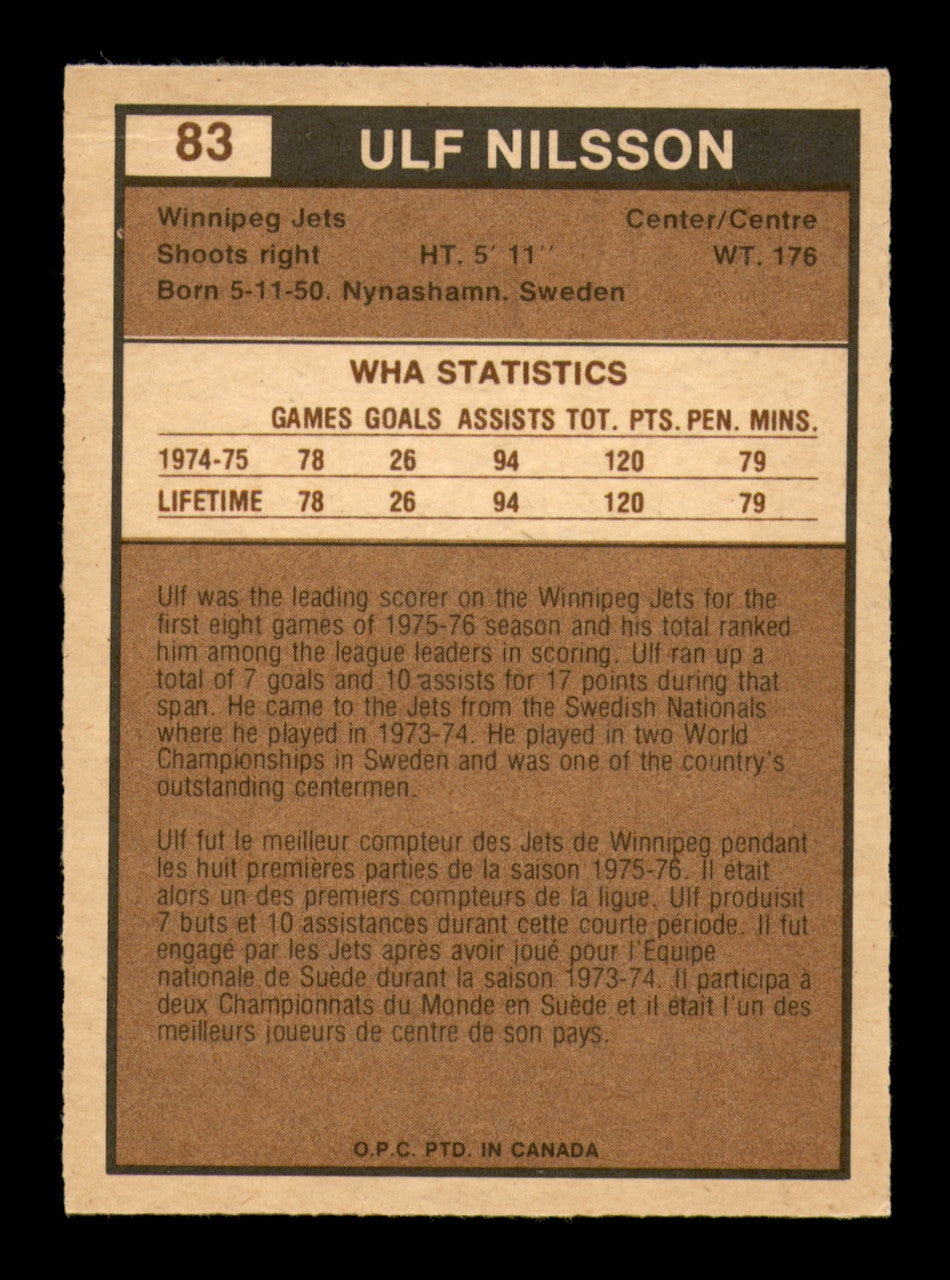 Ulf Nilsson Autographed 1975-76 O-Pee-Chee WHA Card #83 Winnipeg Jets SKU #251819