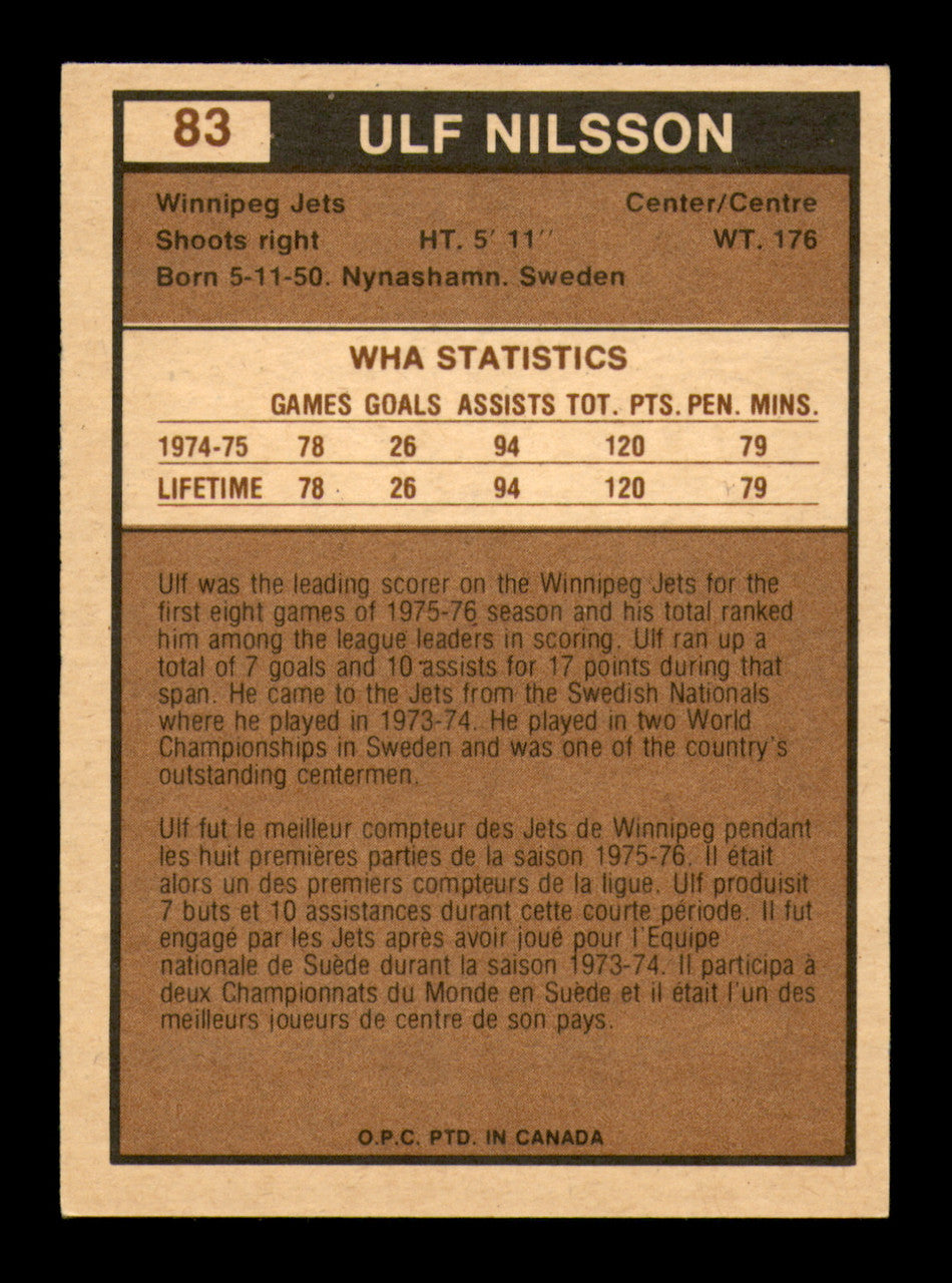 Ulf Nilsson Autographed 1975-76 O-Pee-Chee WHA Card #83 Winnipeg Jets SKU #251821