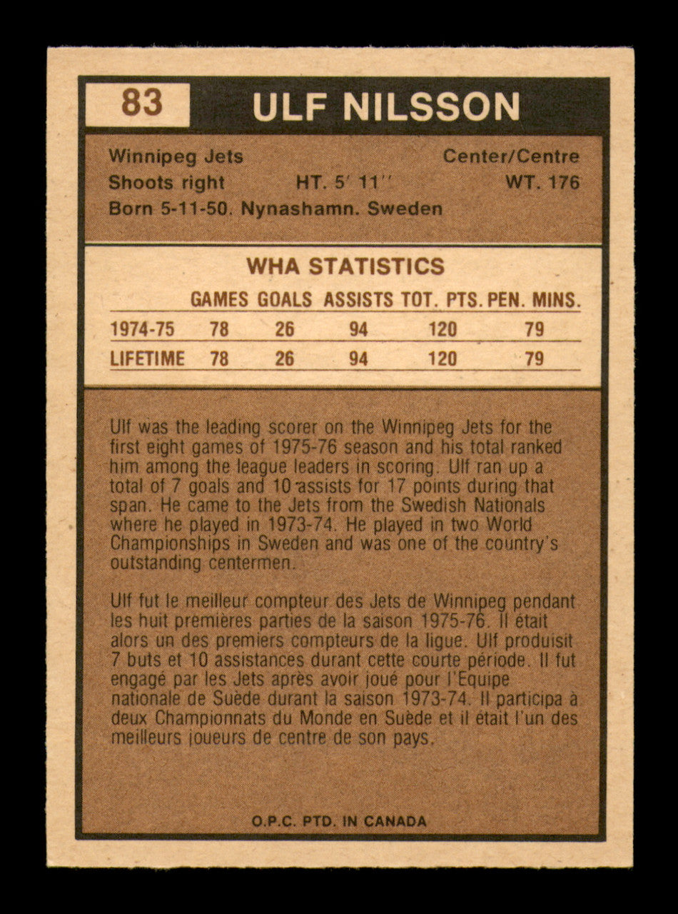 Ulf Nilsson Autographed 1975-76 O-Pee-Chee WHA Card #83 Winnipeg Jets SKU #251822