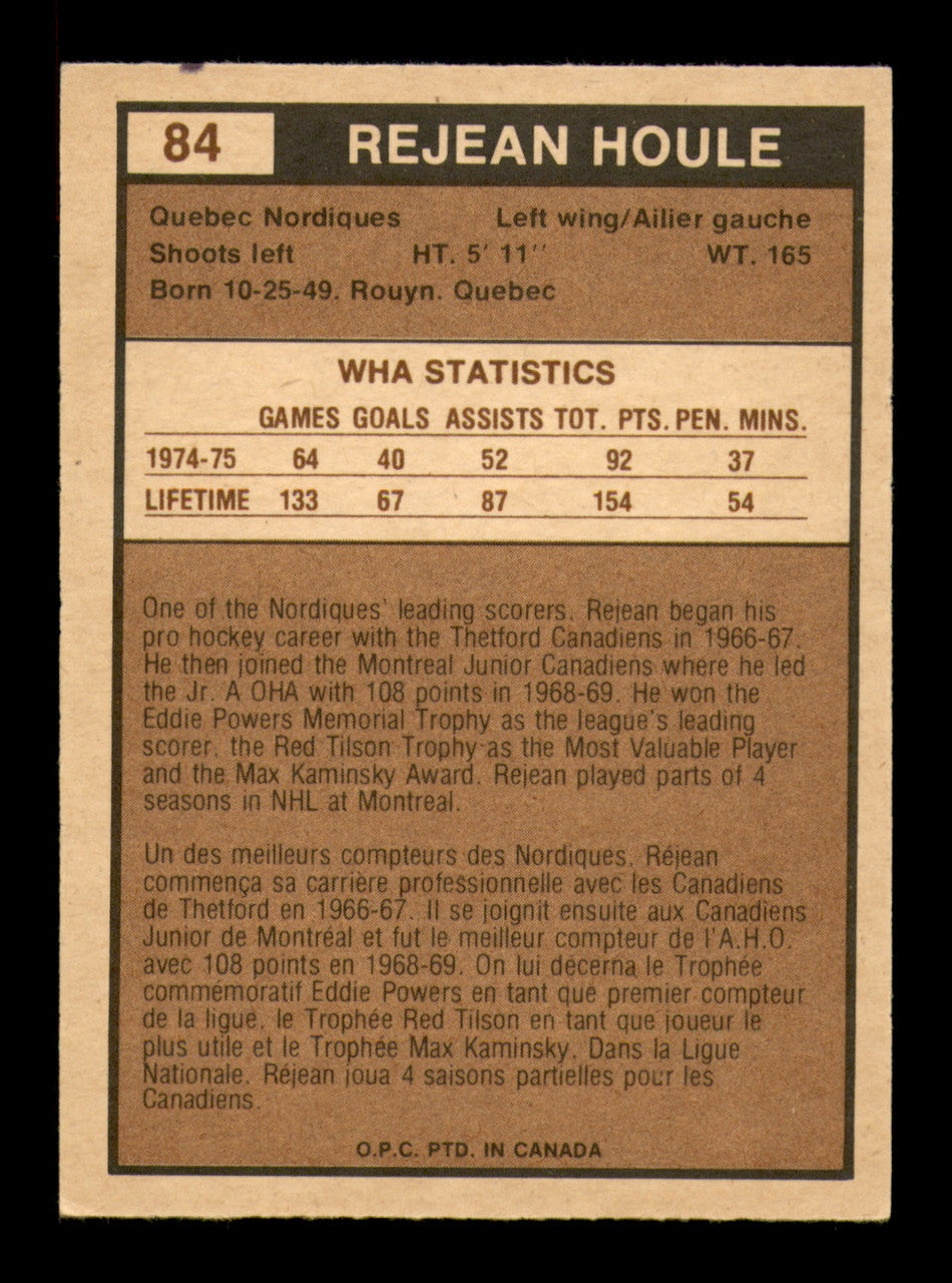 Rejean Houle Autographed 1975-76 O-Pee-Chee WHA Card #84 Quebec Nordiques SKU #251827