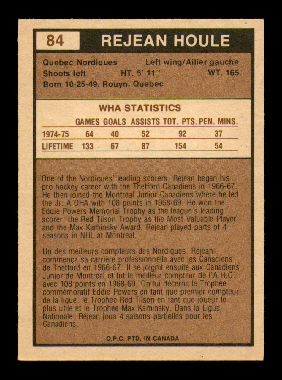 Rejean Houle Autographed 1975-76 O-Pee-Chee WHA Card #84 Quebec Nordiques SKU #251829