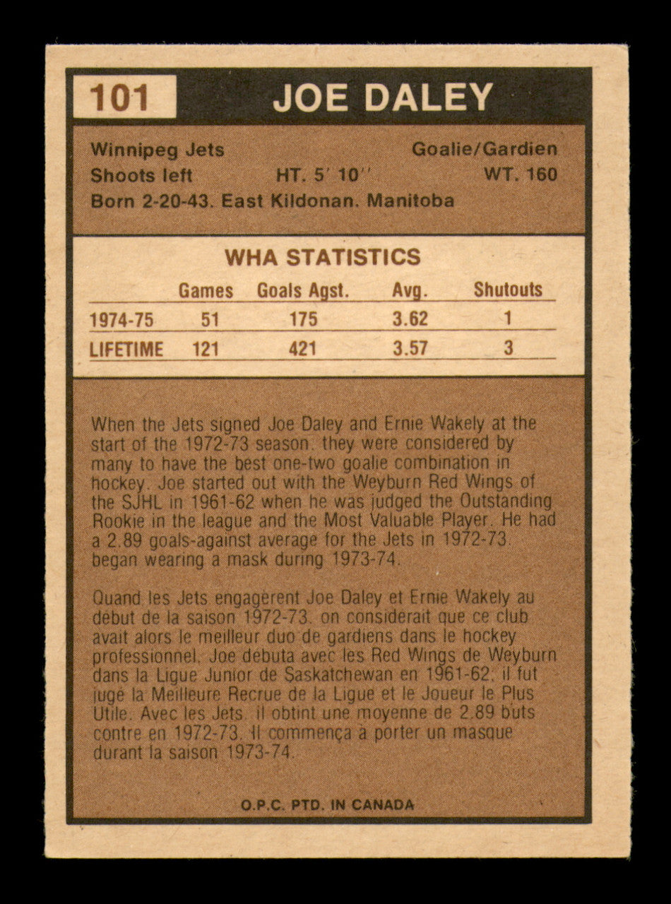 Joe Daley Autographed 1975-76 O-Pee-Chee WHA Card #101 Winnipeg Jets SKU #251839